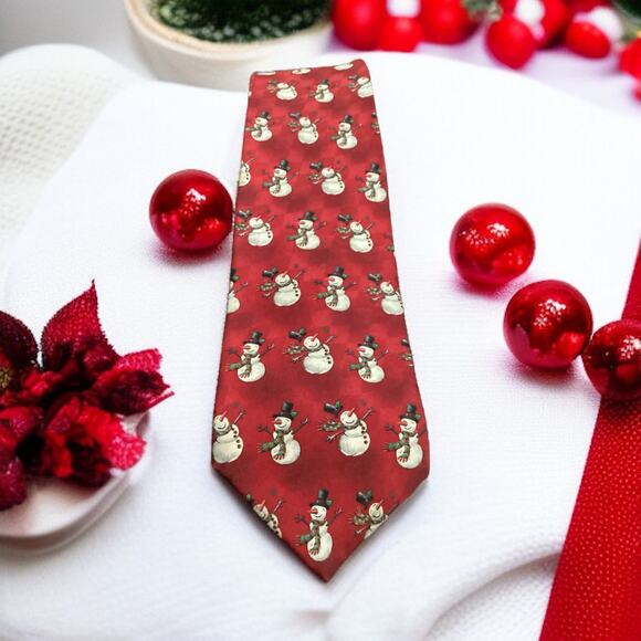 Holiday Creations by MMG Hallmark Mens Christmas Necktie Tie Snowman Red Silk - Picture 1 of 4